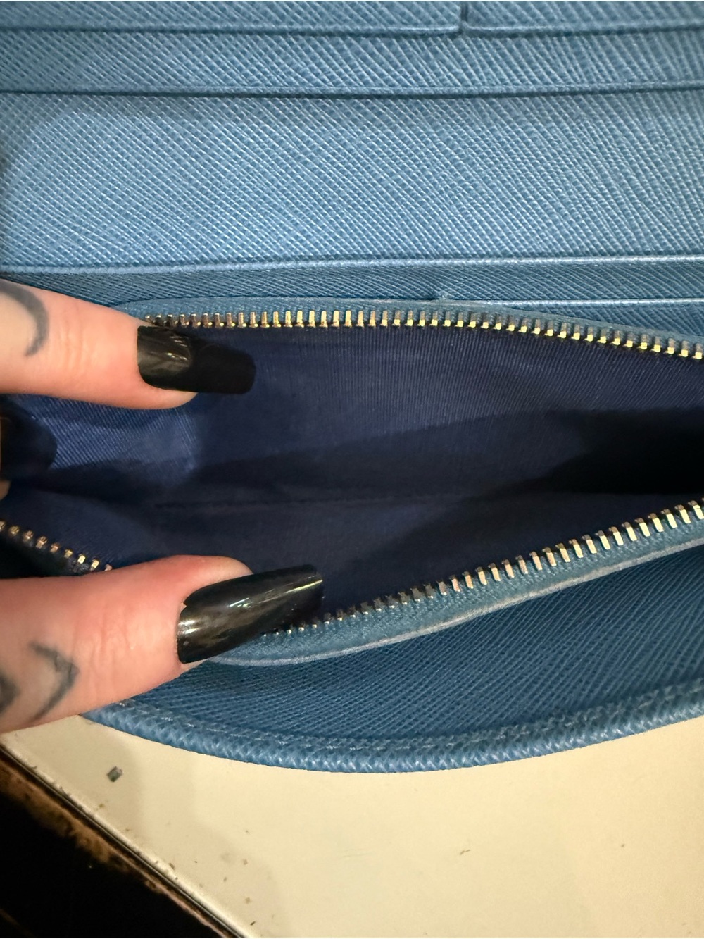 Prada Saffiano Lux Bow Continental Wallet Light Blue Gold Hardware W/ Chain Card - Picture 9 of 16